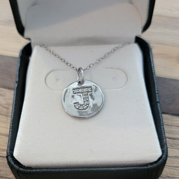 J Pendant Necklace in Silver Tone Metal w CZ Accents - Picture 5 of 13